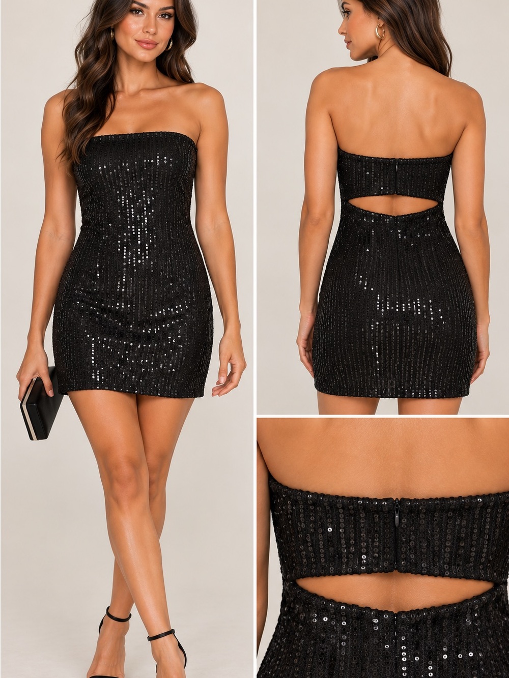 Strapless Black Sequin Mini Dress